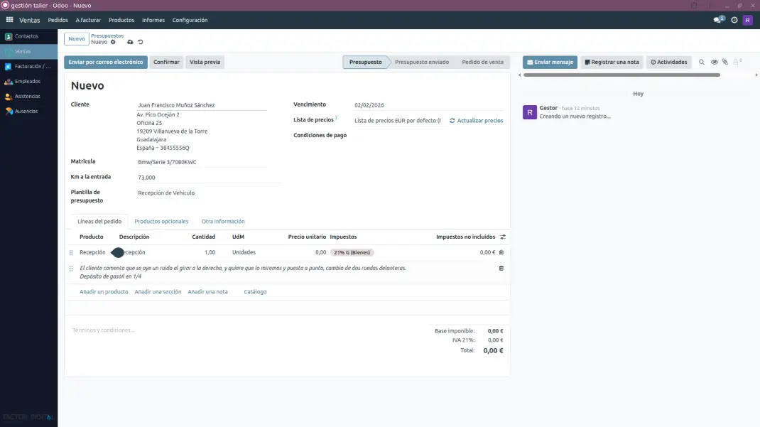 Recepción: km y notas del cliente